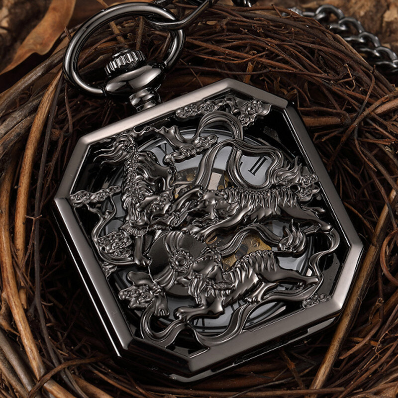 Square Luxury Black Mechanical Pocket Watch Men Lucky Chinese Kirin Tiger China Animal Brave Symbol Male Pendant Chain Fob Clock