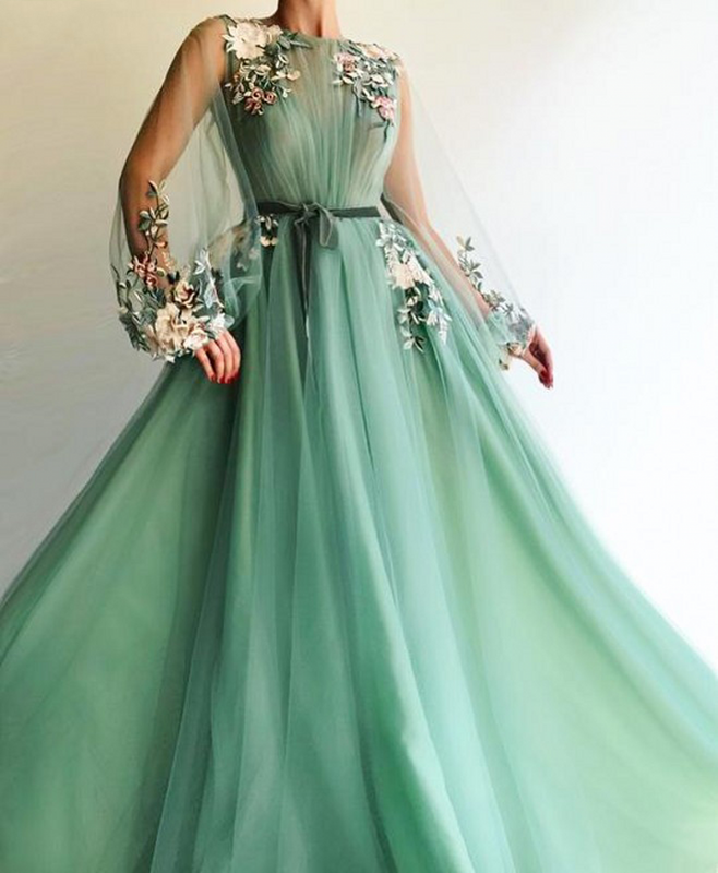 Illusion 긴 소매 포멀 이브닝 드레스, 얇은 명주 그물 A라인 아플리케 꽃 장식, 롱고 민트 그린 무도회 드레스