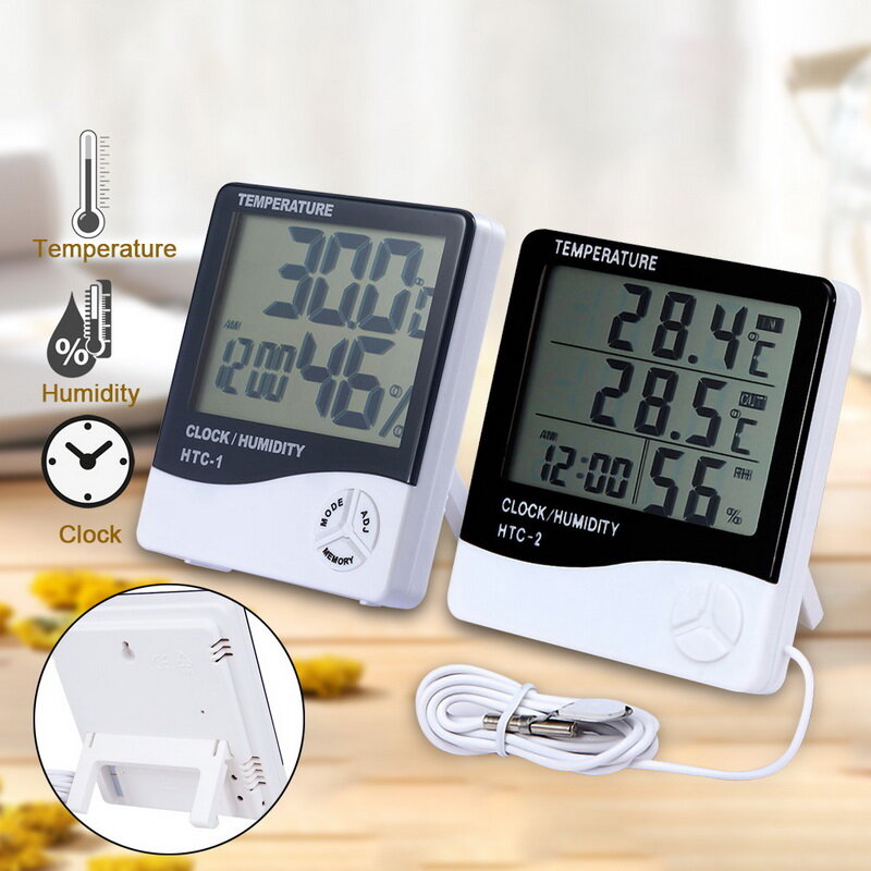 Junejour New LCD Digital Temperature Humidity Meter Home Indoor Outdoor hygrometer thermometer Weather Station with Clock 1PC