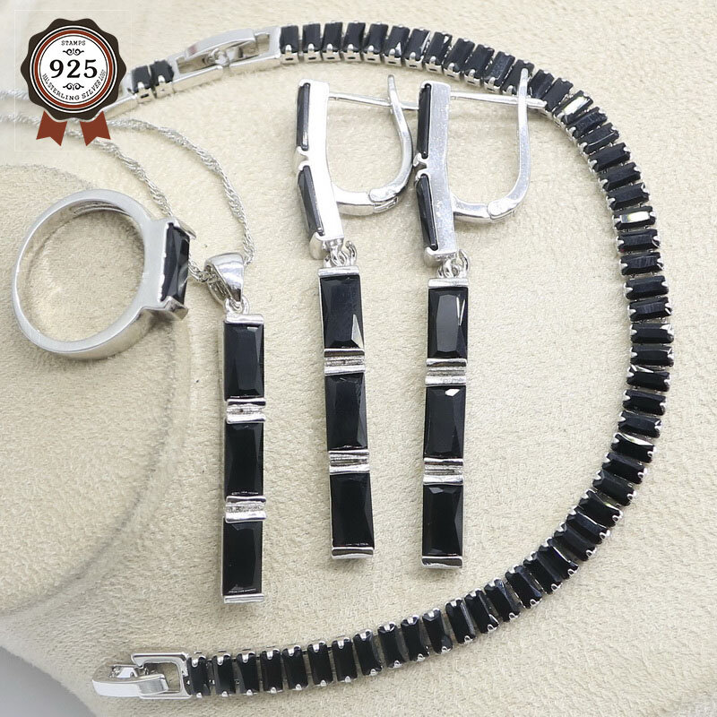 Женский комплект свадебных украшений из серебра 925 пробы с черным сапфиром, длинные серьги, ожерелье, кольцо, подвеска, браслеты