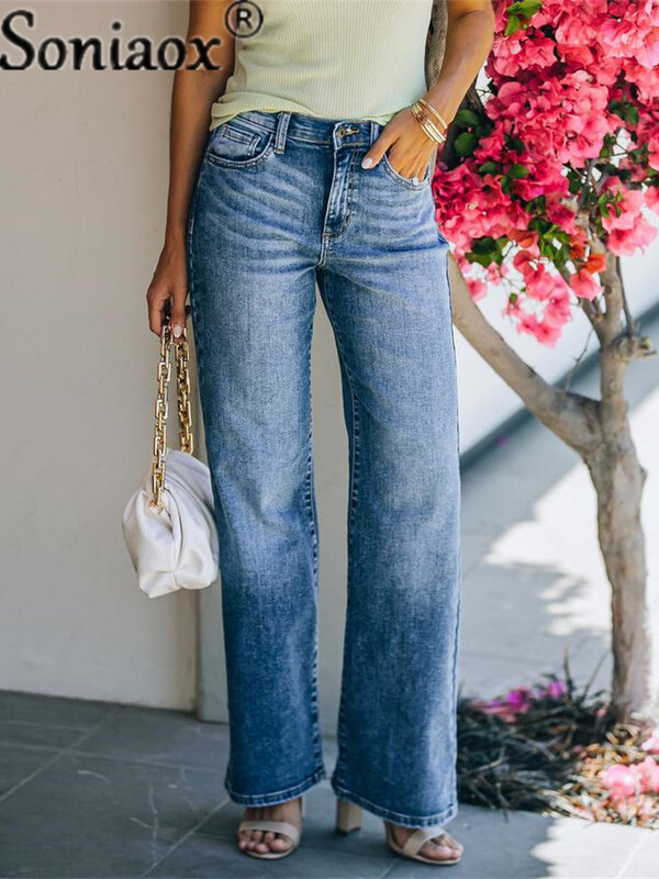 Jeans Modis Wanita Pinggang Tinggi Seksi Streetwear 2021 Celana Kaki Lebar Kasual Wanita Jeans Longgar Ibu Denim Celana Panjang Lurus