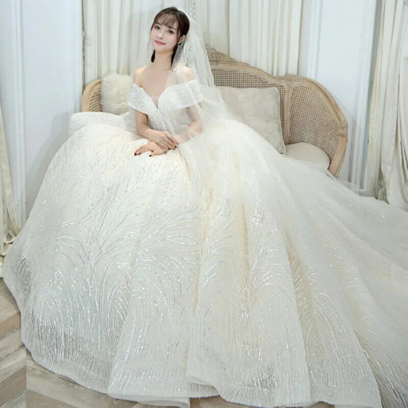 Роскошное Свадебное платье с блестками, классическое свадебное платье с вырезом лодочкой и открытыми плечами, свадебное платье, индивидуальный пошив