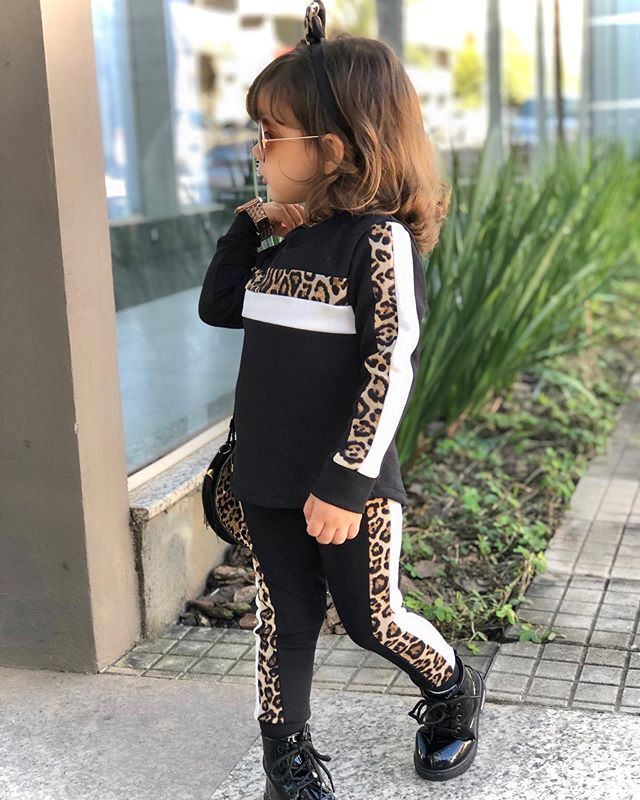 2 pçs da criança meninas outono inverno roupas conjunto leopardo impressão manga comprida moletom & listrado calças crianças roupas para 1-6y