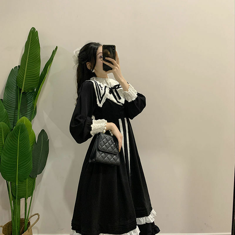 Gothic Lolita Retro Hepburn stil kleine schwarze kleid super fee navy kragen rüschen kleid langarm prinzessin kleid kawaii