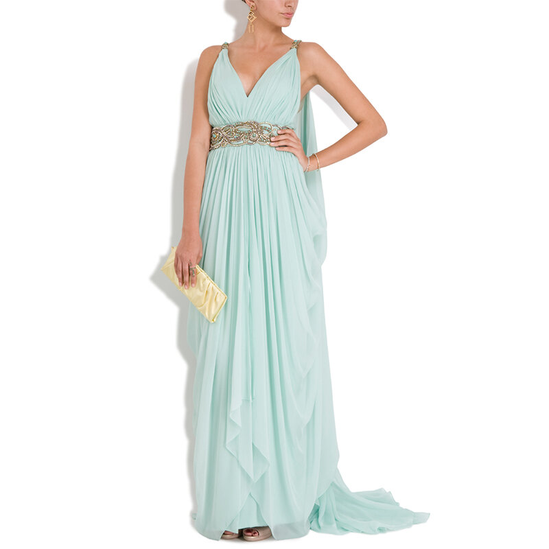 Greek Style Light Blue Beach Prom Dresses 2023 V Neck Beading Chiffon Evening Gown A-Line Watteau Train Long Elegant Party Dress