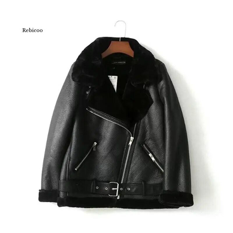 Winter Women's Sheepskin Coat Black Faux Leather Fur  Turn Down Collar Female Fur Leather Thicken Warm Aviator Jackets