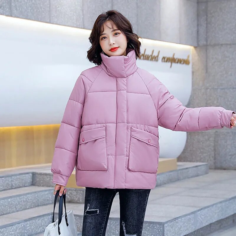 Abrigo corto de algodón para mujer, chaqueta gruesa con cuello levantado, servicio de pan suelto, otoño e invierno, 2021