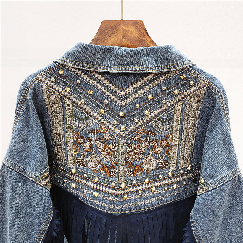 Jaqueta jeans bordada floral feminina, manga comprida, franja de camurça, outerwear solto, casaco coreano, mulheres veste femme
