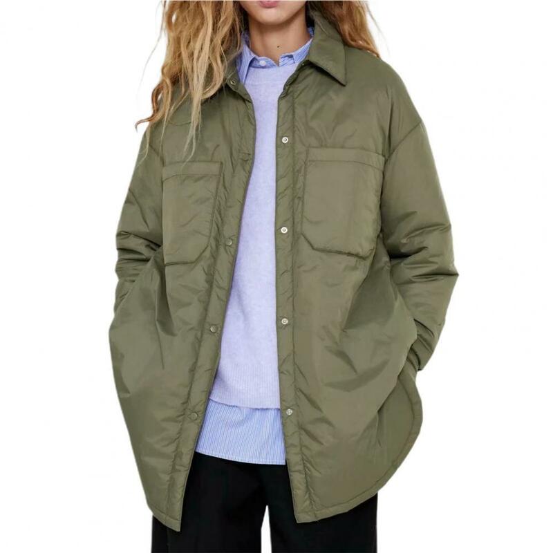 Women's Down Jacket Cardigan Solid Color Women Coat Turn-Down Collar Buttons Closure Big Pockets Down Jacket Female 2021