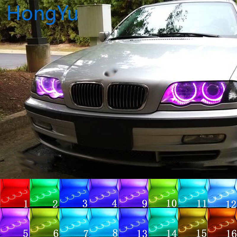 헤드라이트 멀티 컬러 RGB LED 엔젤 아이 헤일로 링 아이 DRL RF 원격 제어, BMW E36 E38 E39 E46 프로젝터용, 4x131 액세서리