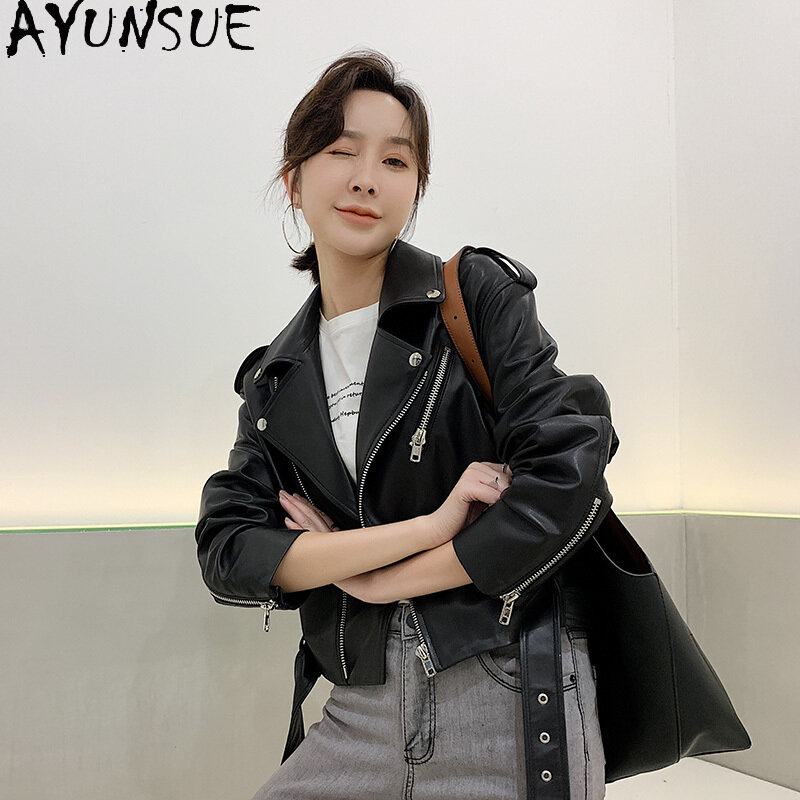 Ayunsue-本革のジャケット,女性用,シープスキン,ショートコート,韓国風,刺eta,レディース