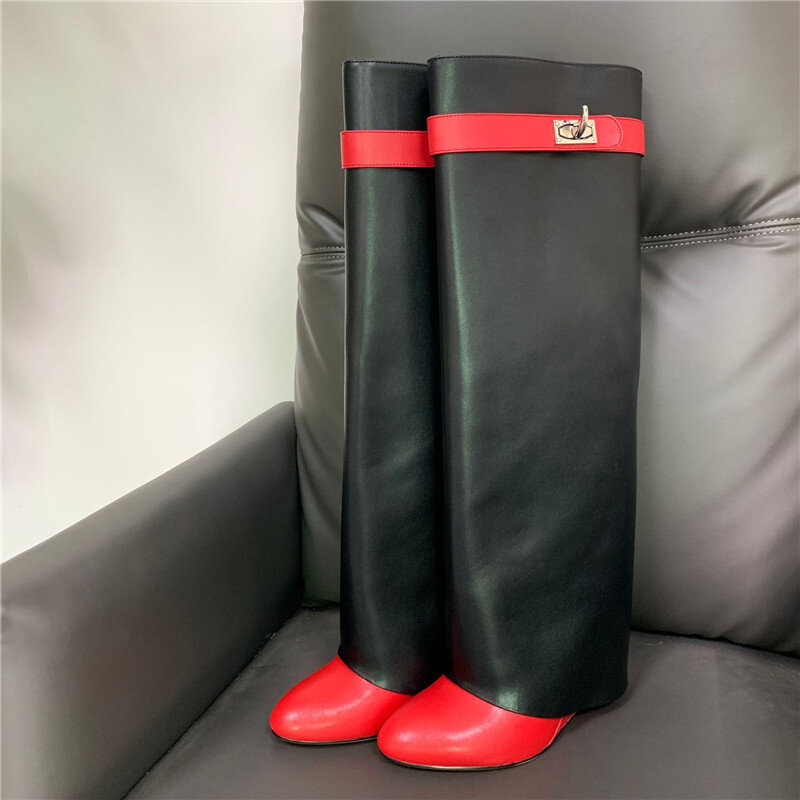 สีดำพับเข่าส้นสูงสำหรับผู้หญิงรองเท้า Shark ล็อค Decor ผู้หญิงรองเท้าเสริมส้น Pointed Toe ขนาดใหญ่ยาวรองเท้า Mujer Chaussures