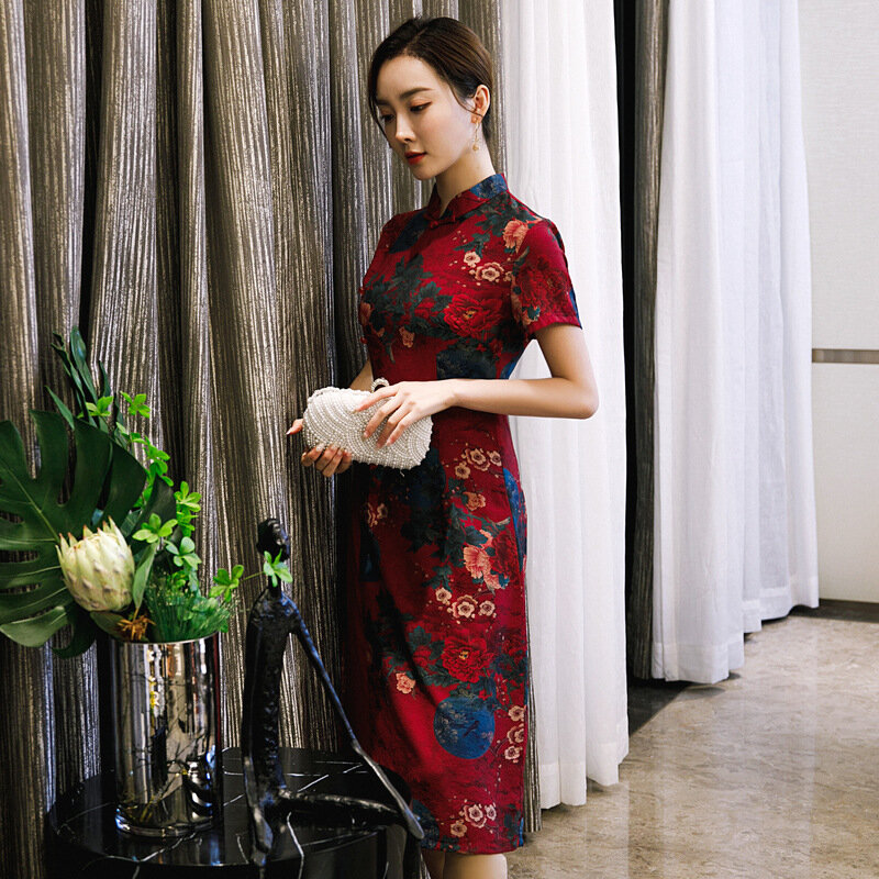 2020 New Mid-Length Silk Linen Short-Sleeved Dress Cheongsam Daily Stand Collar Short Sleeve Middle-Aged And Elderly Qipao Dress