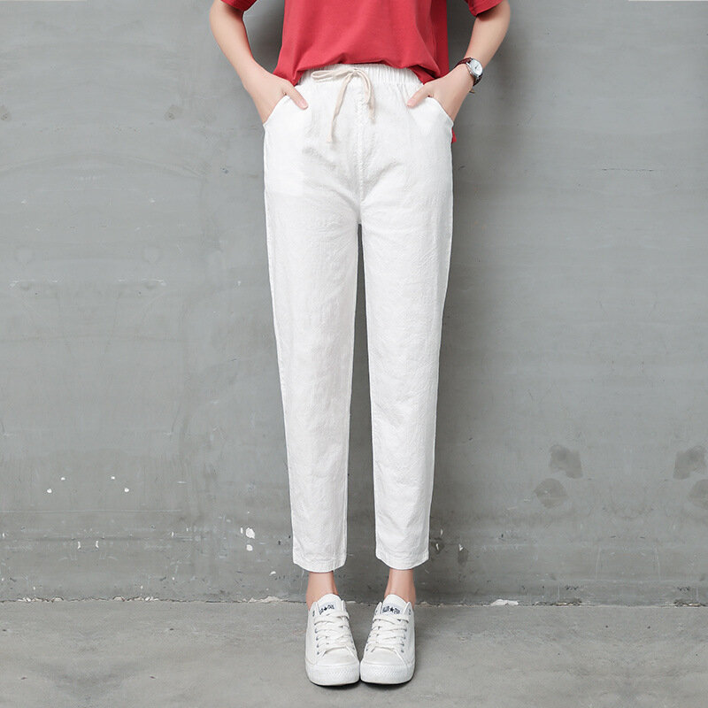 Lato 2019 bawełniane lniane spodnie do kostek damskie jesienne luźne spodnie na co dzień spodnie harlan wysokiej talii damskie białe spodnie