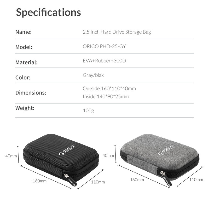 ORICO 2.5 인치 HDD SSD 하드 드라이브 케이스, HDD 프로텍터 보관 가방, 휴대용 외장 하드 드라이브 파우치, USB 액세서리