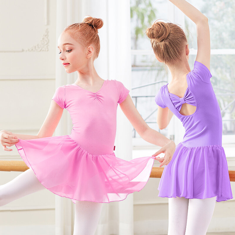 Балетное трико для девочек, розовое танцевальное боди, шифоновые юбки, балетная танцевальная одежда с бантом, Детская гимнастическая одежда, танцевальные трико