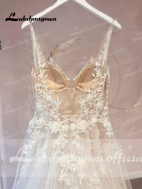 Lakshmigown-vestido de novia sin forro, corpiño de tul, línea A, con cuello en V, para playa