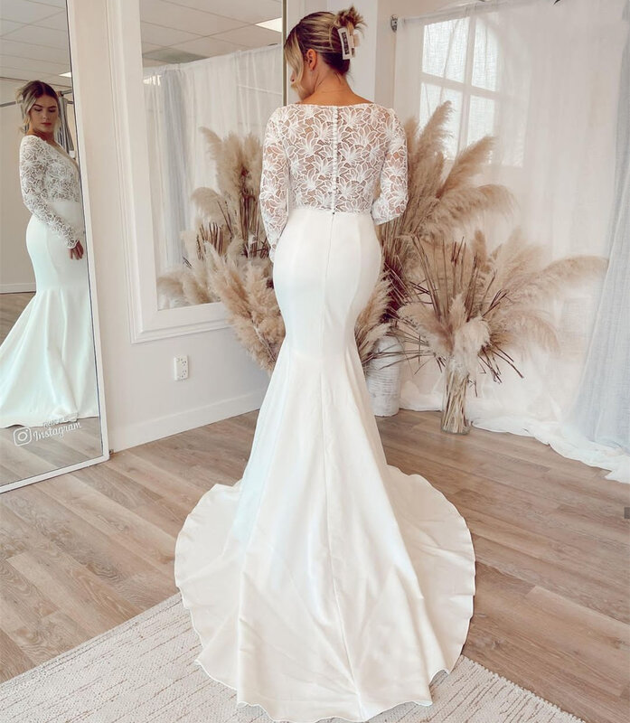 Свадебное платье с юбкой-годе, V-образным вырезом и длинными рукавами, в пол, с полной спиной, элегантное кружевное, размера плюс