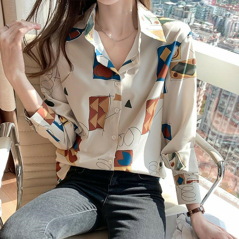 Fashion Woman Blouses 2021 Vintage Spring Abstract Autumn Pattern Turn-Down Collar Women'S Chiffon Shirt Tops Female Clothing