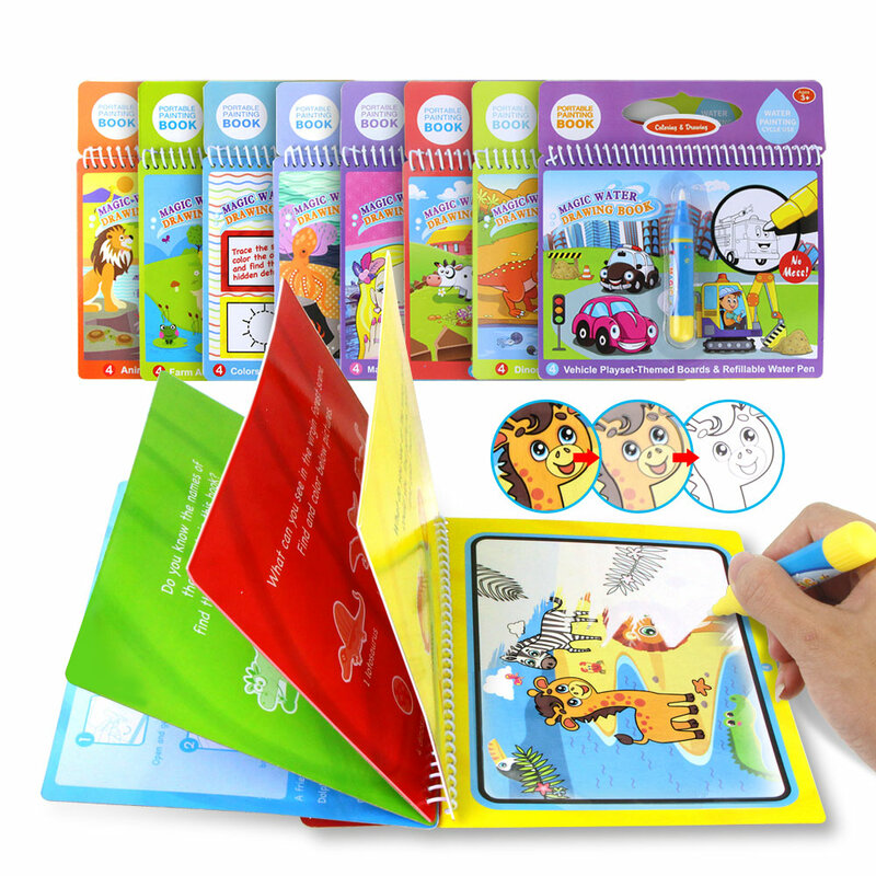 8 stili Water Drawing Book Coloring Doodle Pen Drawing Toys Early Education For Kids Birthday Gift