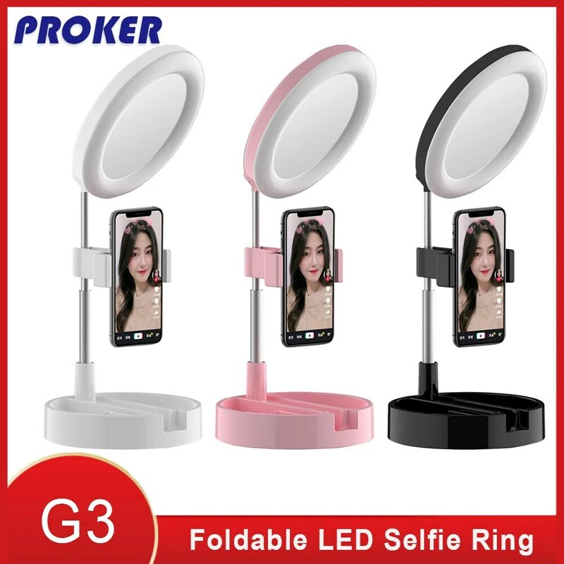 Foldable LED Selfie Ring Light Desk Phone Video Photography Ring Lamp Fill Light 64 LED lamp beads Max work 58cm For Phones G3