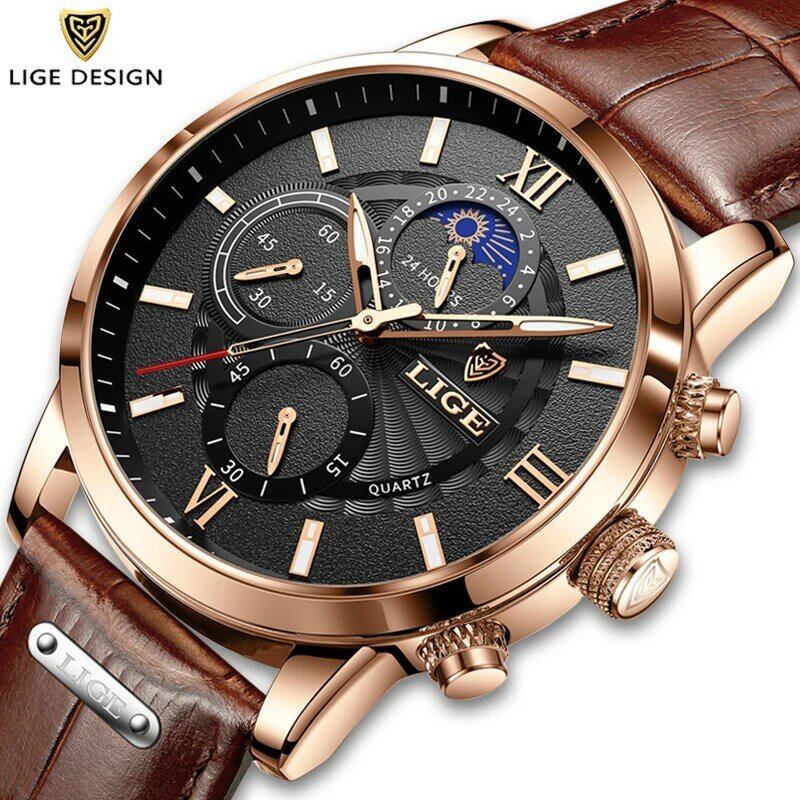 LIGE-Montre à quartz en cuir étanche pour homme avec boîte, horloge de sport décontractée, marque supérieure, luxe, nouveau, 2024