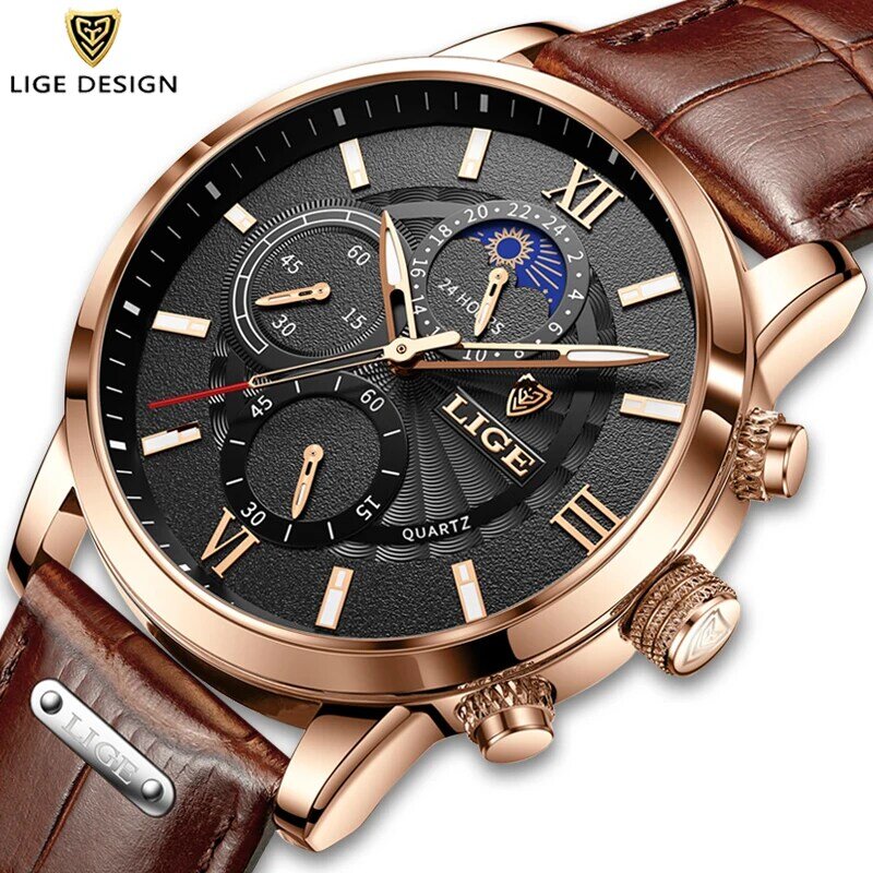 LIGE jam tangan olahraga pria, arloji Quartz kasual kulit merek terkenal tahan air + kotak 2024