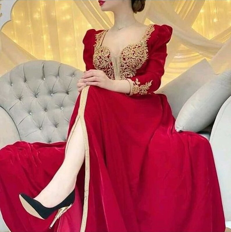 Gaun Malam Kaftan Maroko Baru Datang Gaun Malam Panjang Applique Renda Bordir Gaun Merah Kaftan Gaun Pesta Arab