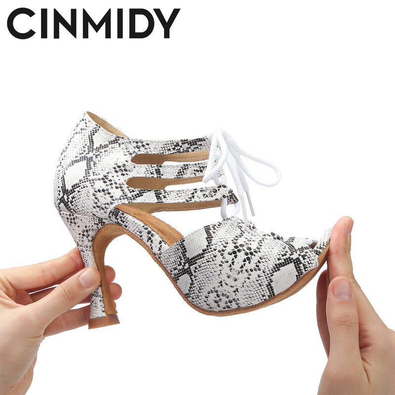 CINMIDY-여성 라틴 댄스 신발, 룸바 삼바 볼룸 파티 댄스 신발, 여성 샌들, 섹시한 뱀 질감 탱고 신발, 5CM-10CM