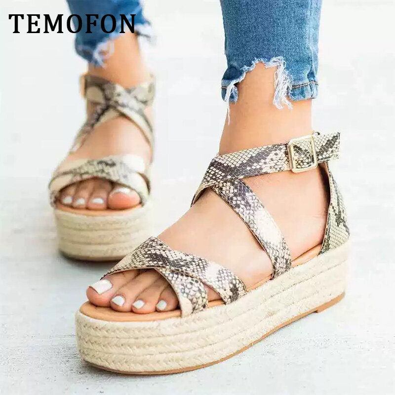 Temofon gladiador sandálias das senhoras sandálias de plataforma tornozelo cinta sapatos de verão preto leopardo salto alto cunhas sapatos novos hvt806