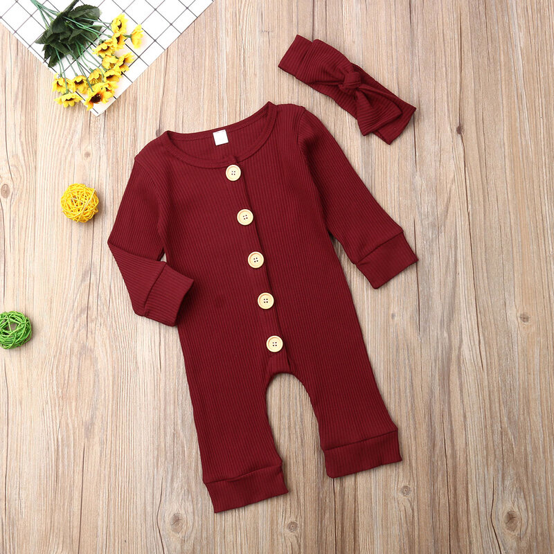 2Pcs Newborn Baby Girl Boy Clothes Knitted Jumpsuit Solid Long Sleeve Autumn Winter Romper with Headband Outfit Clothes