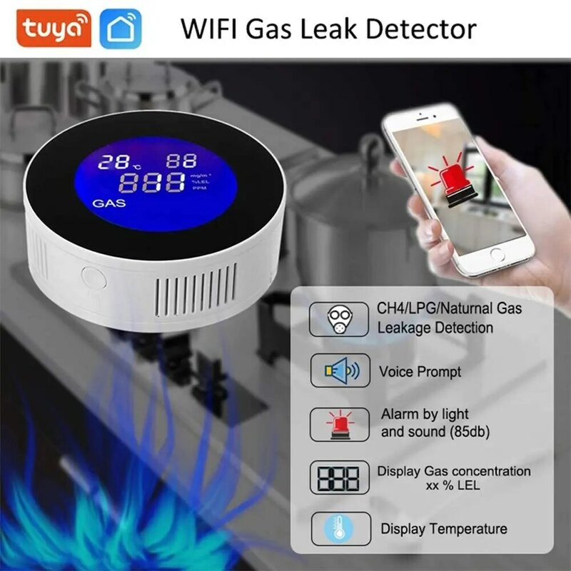 Detector de gás natural, monitor com tela lcd, wi-fi, alarme, para casa, cozinha, trailer, trailer