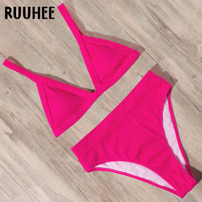 Ruuhee biquíni feminino 2020 de cintura alta, roupa de banho sensual e sólida, roupa de praia estilo push up