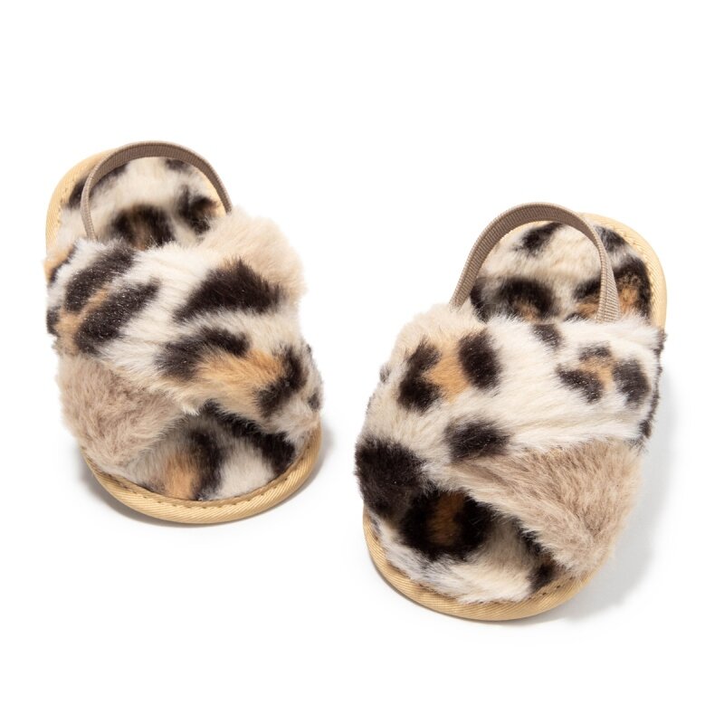 Baywell/леопардовые Плюшевые сандалии для маленьких девочек; Сандалии-шлепанцы с искусственным мехом; Нескользящая обувь для новорожденных; Домашние тапочки для младенцев 0-18 месяцев