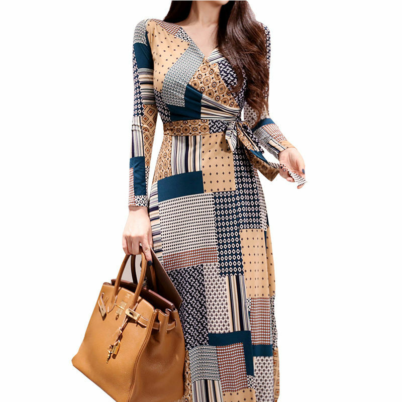 Robe fourreau à manches longues pour femmes, tenue élégante, col en v, imprimée, élastique, Sexy, Style coréen, mode Vintage, automne 2020