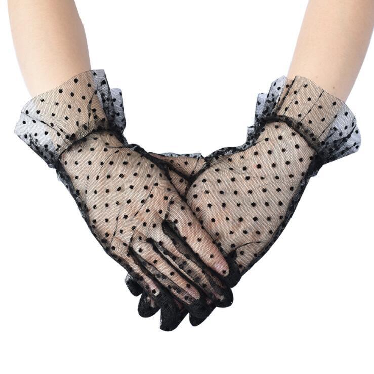 Women's Prom Dress Gloves Sexy See Thru Lace Dot Full Finger Ladies Gloves for Party Dresses Bridal Glove