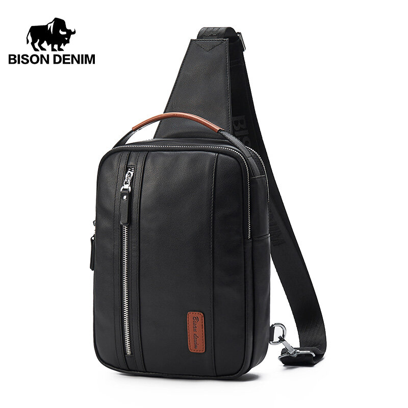 BISON DENIM Design Genuine Leather Mens Chest Bags Casual Men Shoulder Bags Fashion Pack Large Capacity Business Bag's N20139-1B