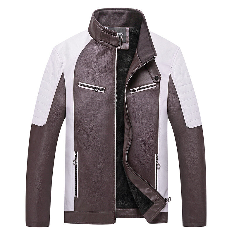 Men New Casual Motor Spliced Fleece Leather Jacket Men Autumn Winter Fashion Biker Jacket Warm Jacket Coat Male Outwear