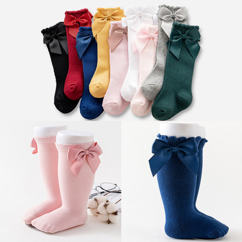 Calcetines sólidos con lazos para niñas, 100% algodón, calcetines largos suaves para niños pequeños, calcetines hasta la rodilla de princesa para niños de 0 a 7 años