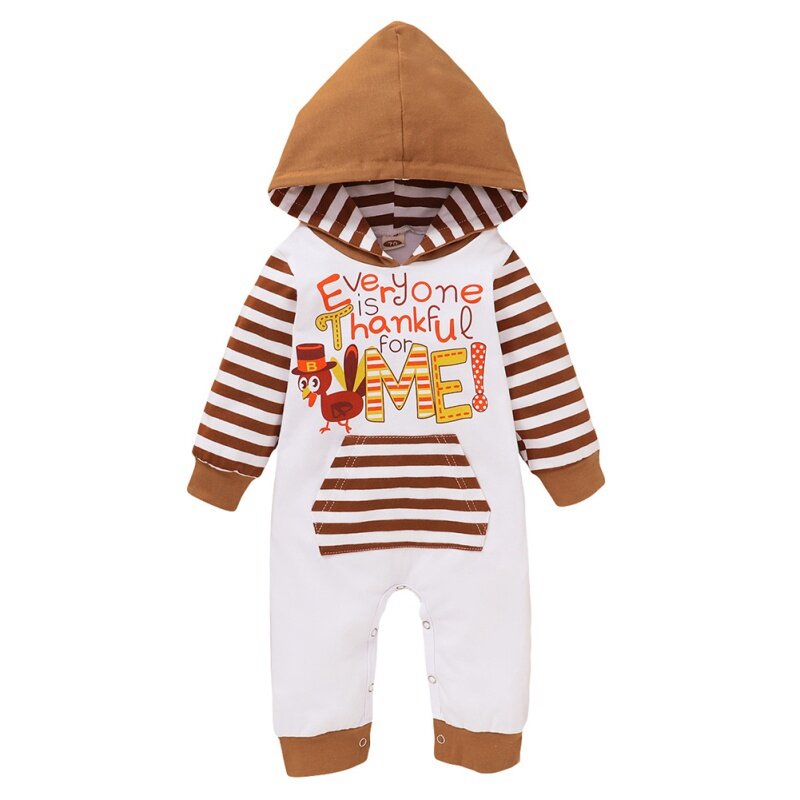 Macacão de bebê manga longa de ação de graças carta dos desenhos animados listra impressão hoodie crianças meninos meninas macacão