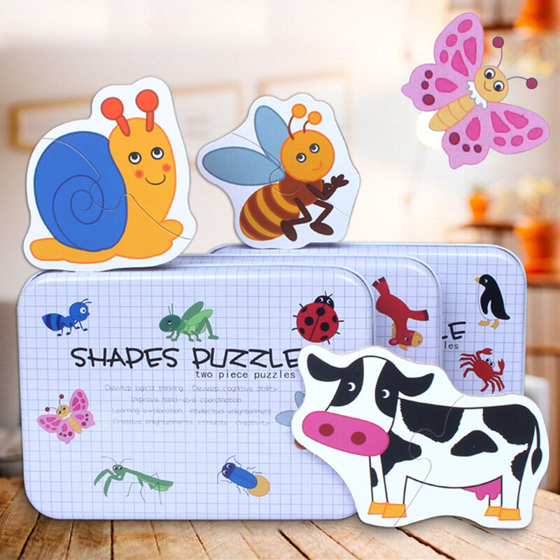 큰 크기 찌질 아기 나무 퍼즐 조기 교육 동물 과일 인식 쌍 카드 퍼즐 아이들을위한 금속 상자 세트 선물