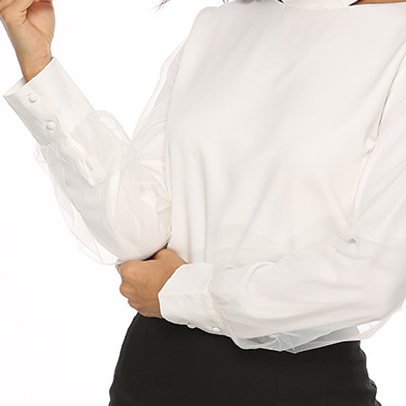 Blusa de gasa de manga larga para mujer, camisa blanca con lazo en la espalda, cuello levantado, malla, manga larga, para oficina