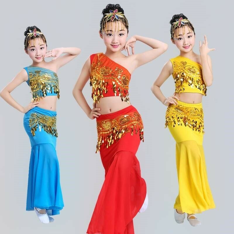 100-160CM Belly Dance Children's Day Women Shoulder Off Girl Cosplay Stage Sequin Oriental Costumes for Kids Skirts Tail Fish