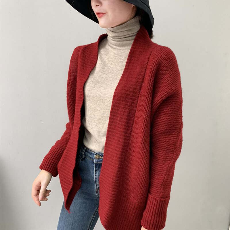 Manga longa elegante cardigan suéteres km019 sólido elegante senhoras outerwear outono moda lã solta camisola de malha 2020