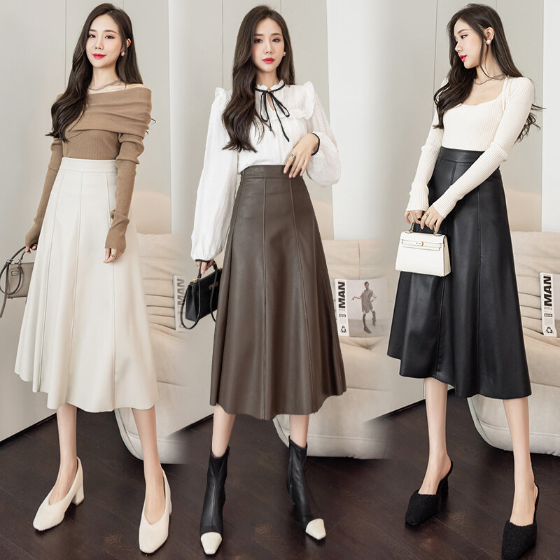 Wisher & Tong-Jupe en cuir PU taille haute pour femmes, jupes midi noires, vêtements féminins, style coréen, automne, hiver, 2021