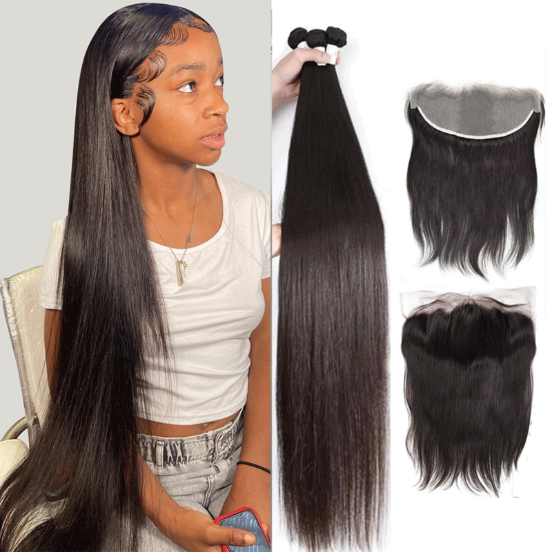 Bone Straight Cabelo Humano Pacotes com Frontal Lace, Remy Hair Extensions, Peruvian Hair Weave, 13x4, 26 in, 28 in, 30in