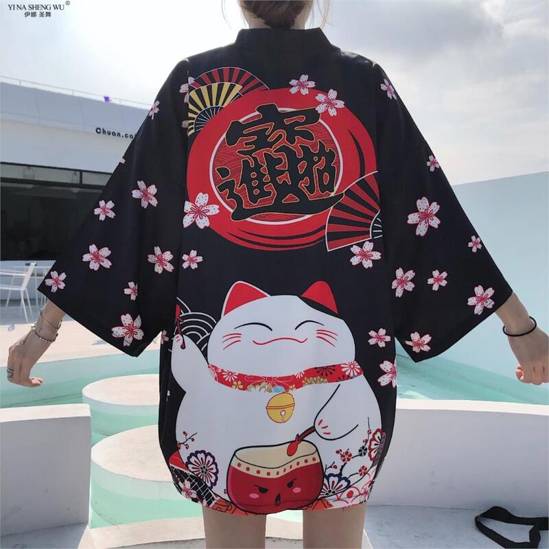 Kot na szczęście Kimono japonia Streetwear sweter Harajuku szata styl japoński ubrania letni mężczyzna kobiet czarna biała kurtka topy
