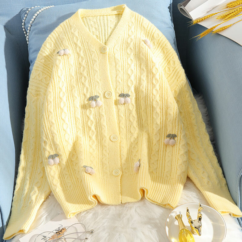 Женский вязаный кардиган Zuolunouba, свитер ручной работы из звеньев цепи, свитер свободного покроя с мультяшным принтом, зима 2020