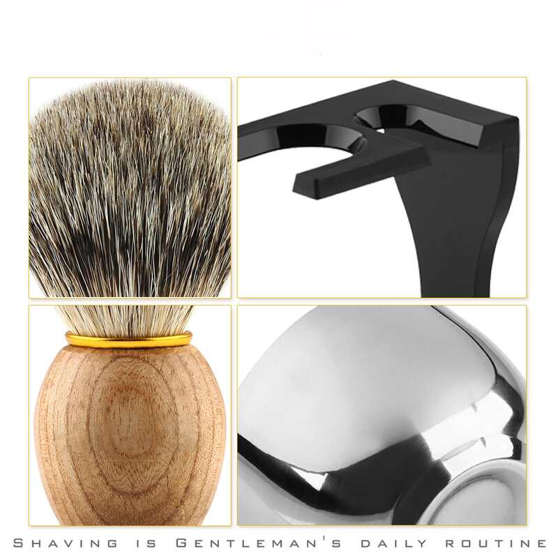 Brosse à raser en poils de blaireau, manche en bois, support en acrylique noir, bol et ensemble de savon