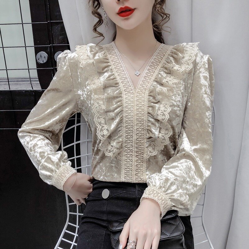 Outono/inverno 2020 nova blusa feminina costura francês com decote em v borda de renda camisa de veludo moda lanterna manga superior para mulher